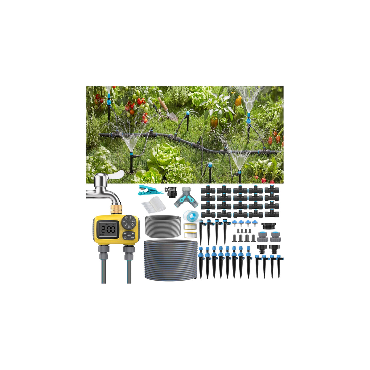 TRJZWA 150FT Drip Irrigation System Kit with 2 Zone Water Timer for Garden