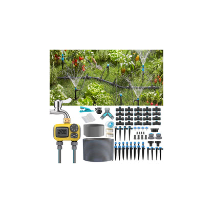 TRJZWA 150FT Drip Irrigation System Kit with 2 Zone Water Timer for Garden