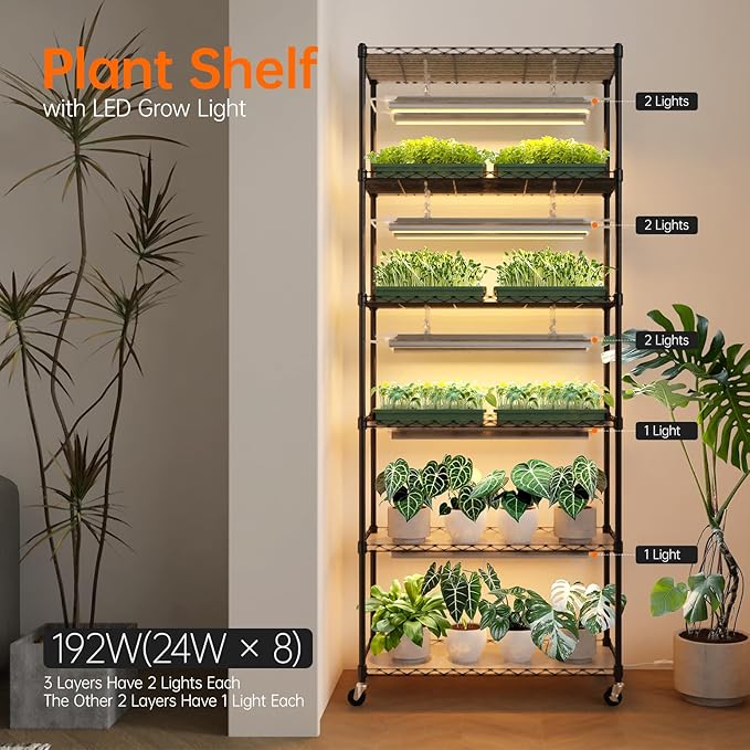 Bstrip DIY Plant Shelf with Grow Light, Grow Light Shelf with Adjustable Rack and Wheels, Plant