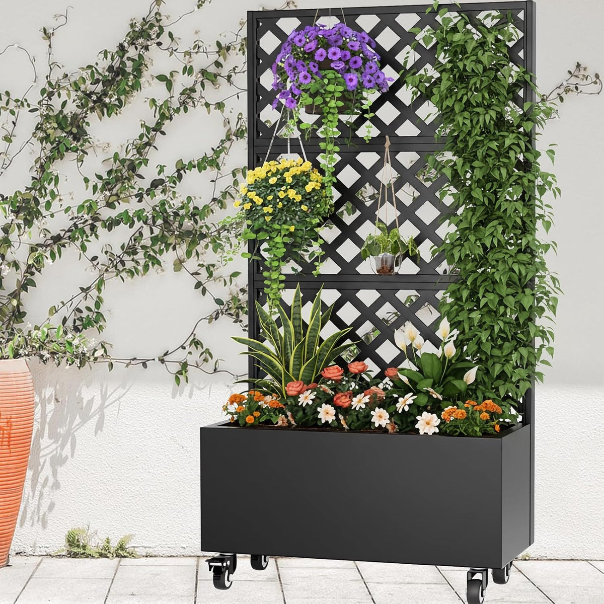 Metal Raised Garden Bed with Trellis and Wheels,72"x 36"x 16" Planter Box with Trellis Privacy
