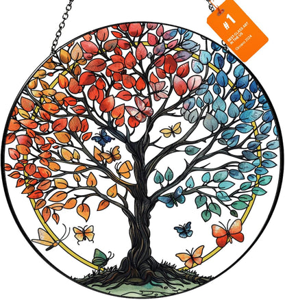 Stained Glass Sun Catcher for Windows Hanging - Handmade Tree of Life Window Decor for Women, Mom