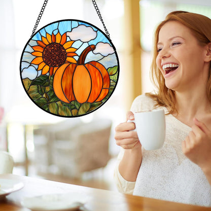 Stained Glass Window Hanging Fall Farm Scenery Sunflower Pumpkin 7.8" - Suncatcher Door Garden