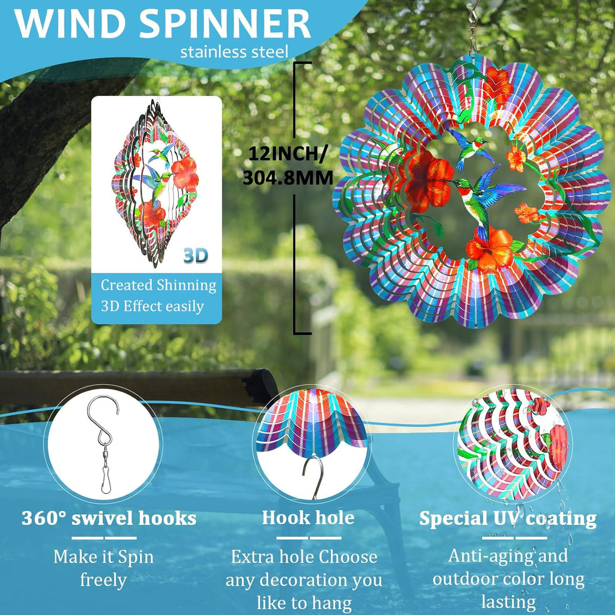Hummingbird Wind Spinner,Hummingbird Gift for Women/Mother/Father,12In Stainless Steel 3D Wind