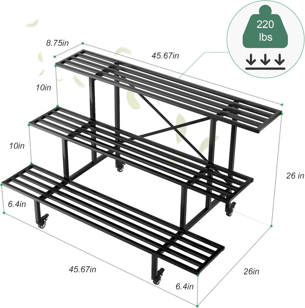Zhongma 3 Tier Sturdy Metal Plant Stand with Wheels, L45.67 x W26 x H26 inch, Heavy Duty Plant