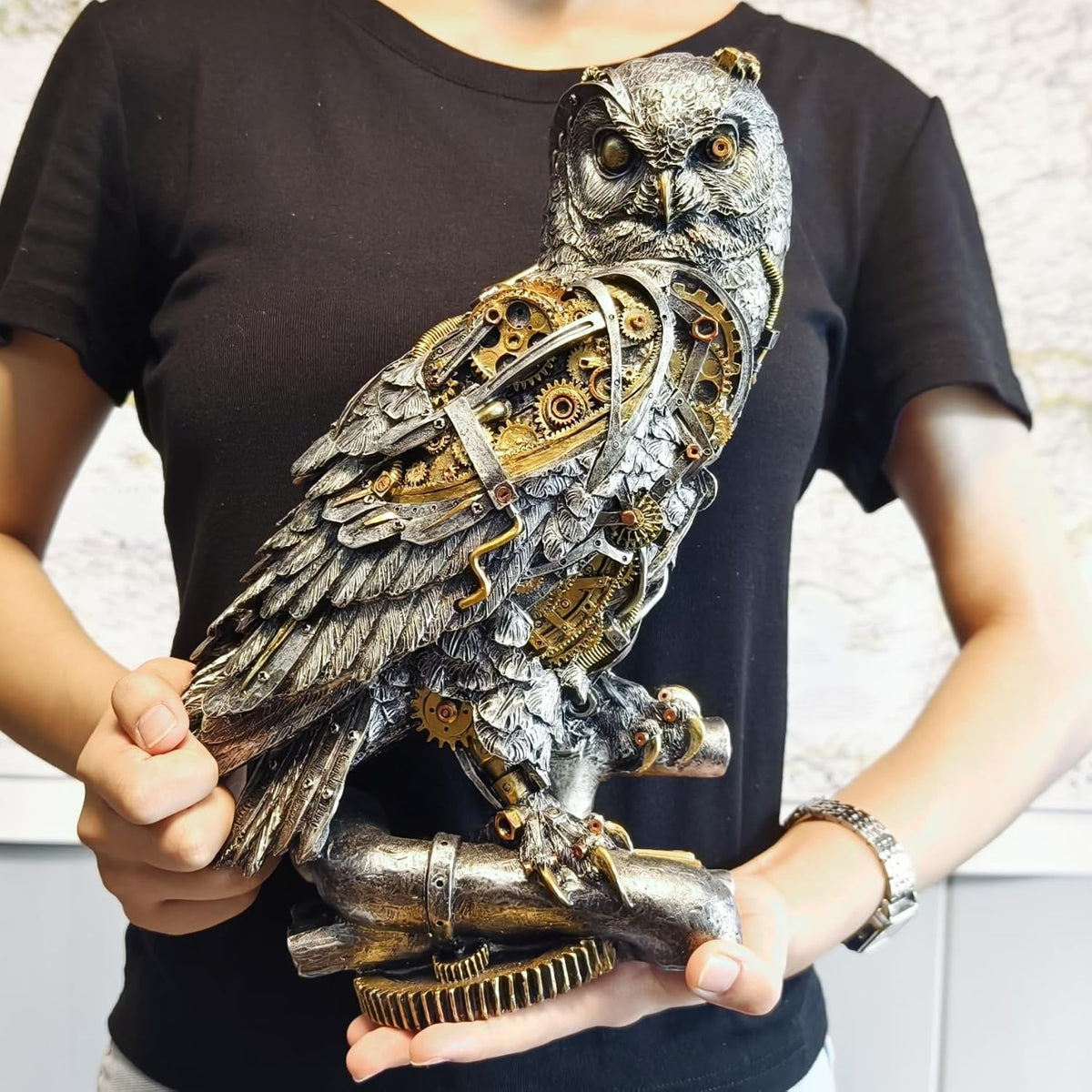 Steampunk Owl Statue 11.6'' H Metallic Silver and Gold Gothic Collectible Animal Figurine Wisdom