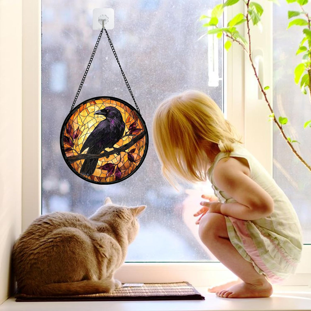 Stained Glass Window Hanging - Crow on a Branch Suncatcher Ready to Hang Window Doors Home