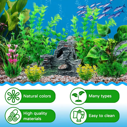 Fish Tank Accessories Artificial Plants, 9pcs Green Aquarium Decorations Plants and Cave Rock Decor