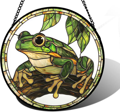 Stained Glass Window Hanging, Frog Green Leaf Sun Catchers Colorful Glass Panel Cool Suncatcher