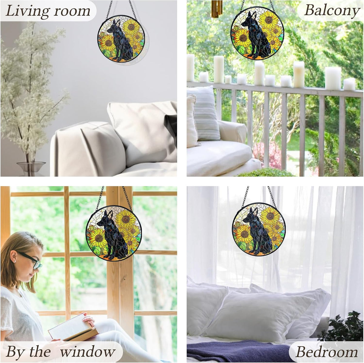 kdqua German Shepherd Sunflower Suncatcher Stained Glass Window Hanging, German Shepherd Gifts Sun