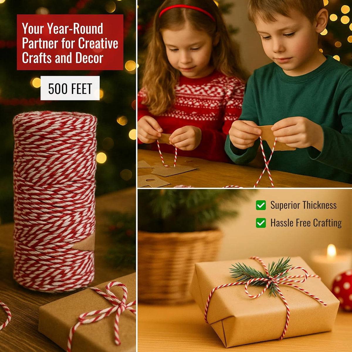 Red and White Organic Twine Cotton String - 500 Feet Wrapping, Baking, Butcher, Crafts, DIY
