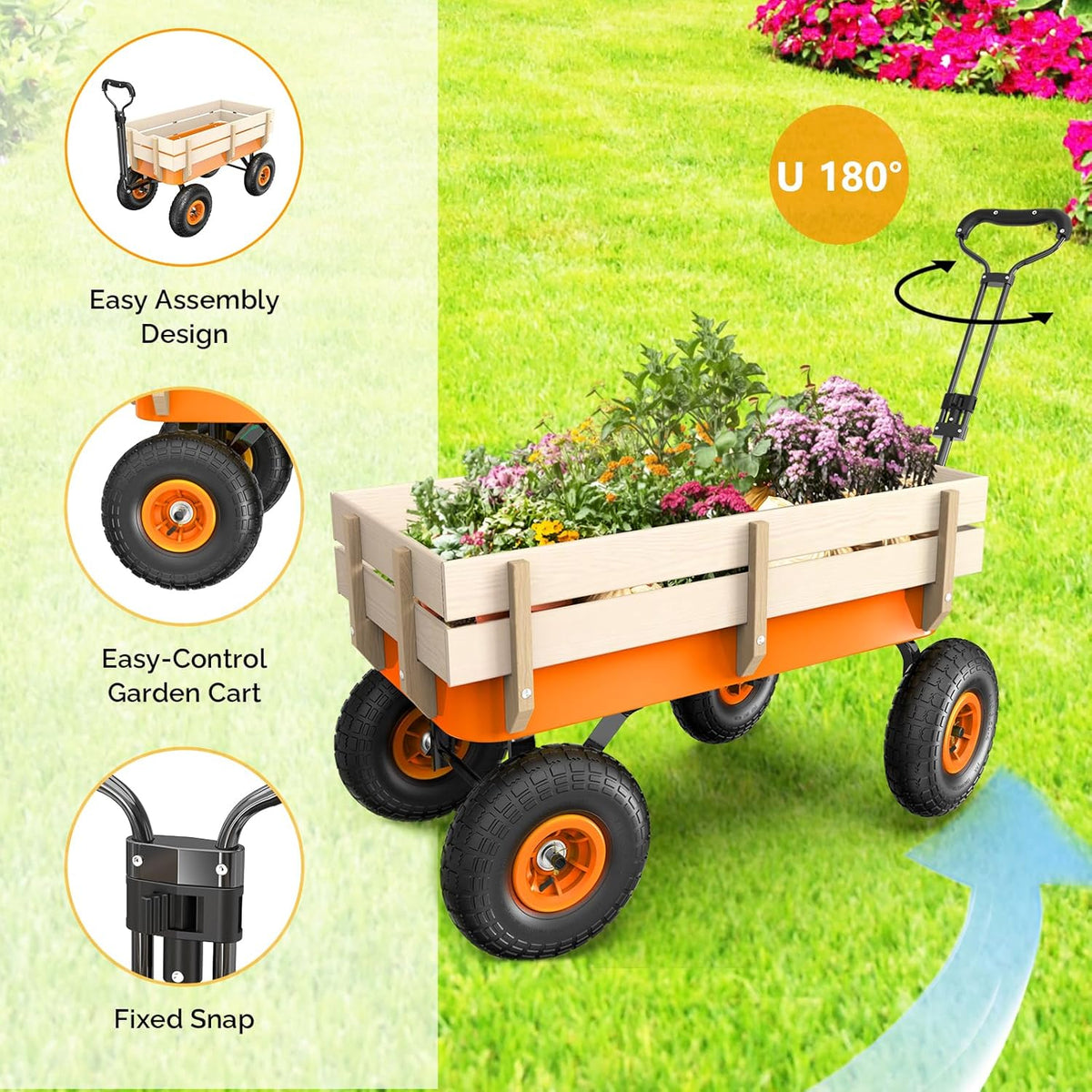 VINGLI Wagon Cart, Steel Frame and Wood Coated Railing, 330lbs All Terrain Wagon 9.2in Solid Tires