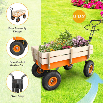 VINGLI Wagon Cart, Steel Frame and Wood Coated Railing, 330lbs All Terrain Wagon 9.2in Solid Tires