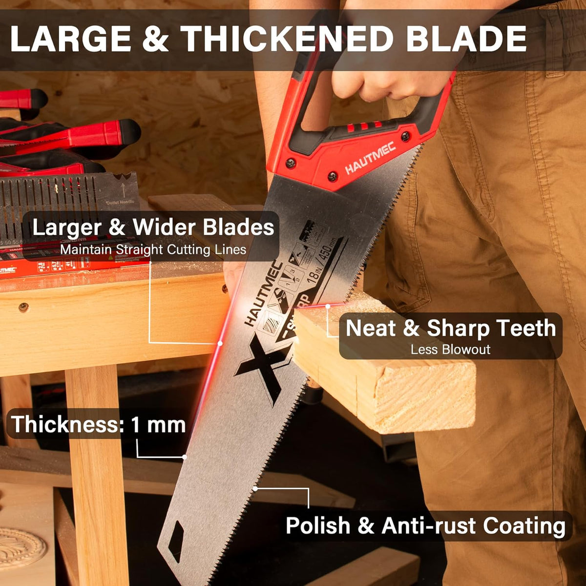 HAUTMEC 18" X-Sharp Pro Hand Saw for Speed and Quality Cuts, Universal Handsaw with 7 TPI /8PPI