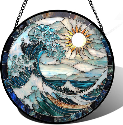 Stained Glass Window Hanging - White Sun Big Wave Suncatcher for Door Terrace Garden Home Decor
