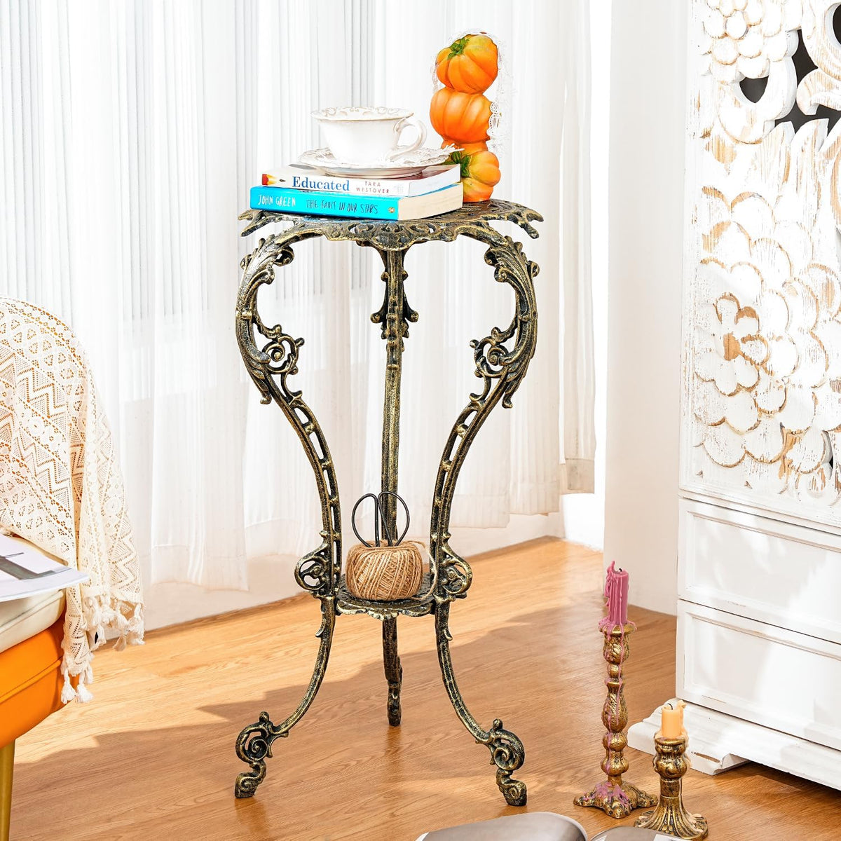 Sungmor Vintage Cast Iron Plant Stand - Ornate Gold Pedestal Table for Indoor Outdoor Garden, 27.5"