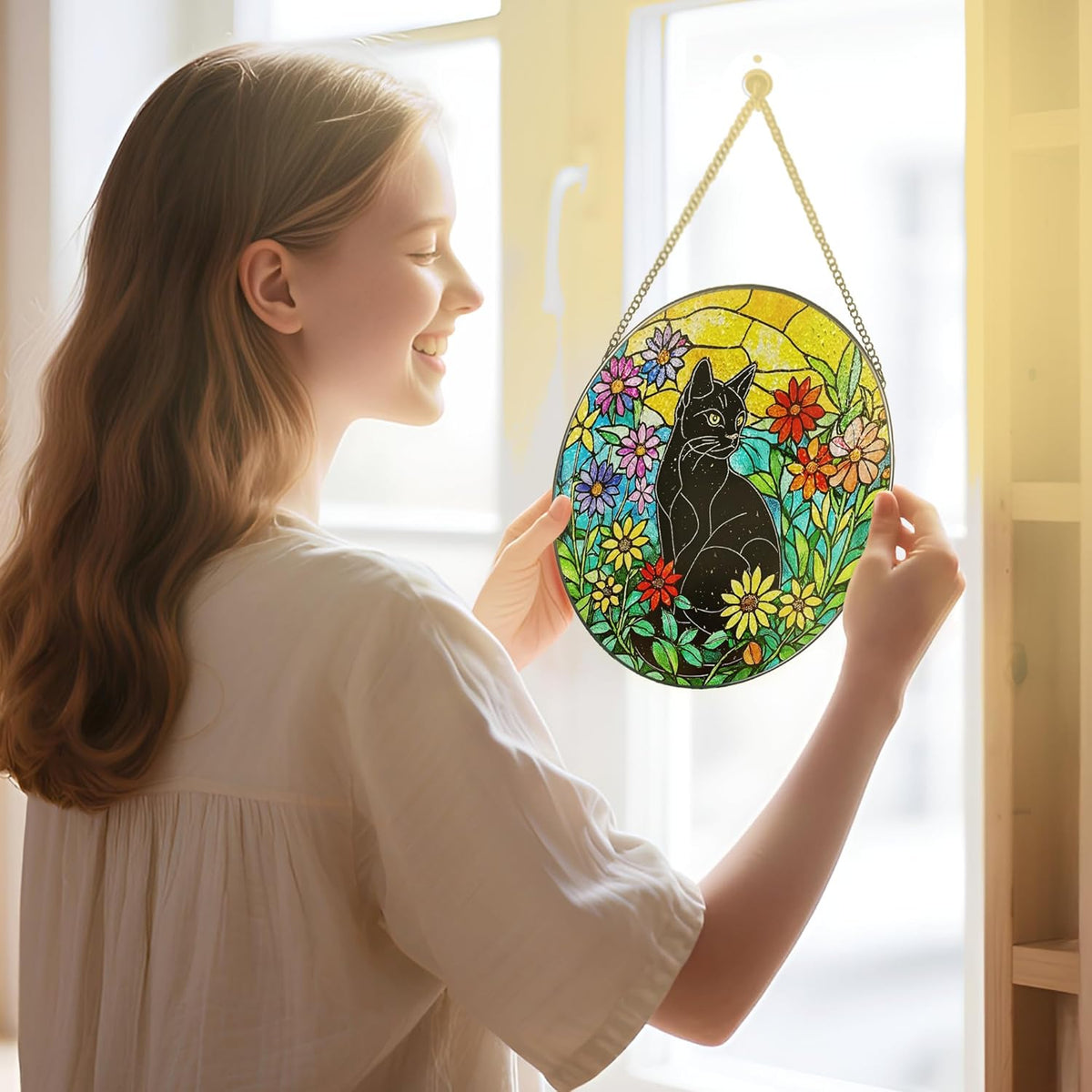 Black Cat Stained Glass Window Hanging, 8 Inch Sun Catchers Indoor Window, Suncatchers for Windows
