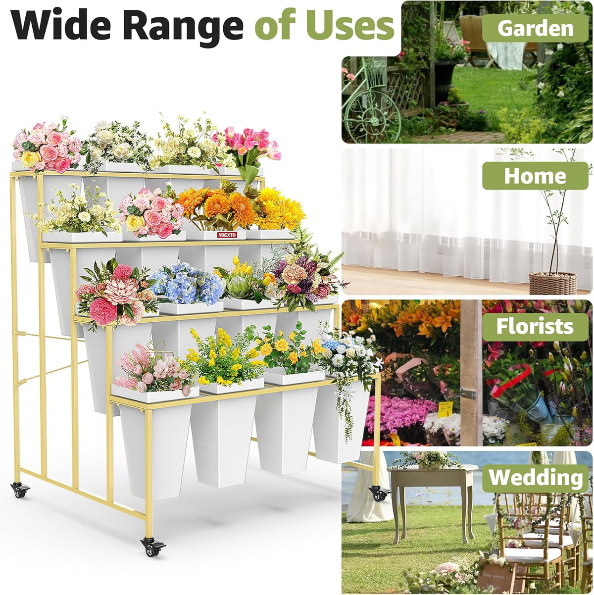 Flower Display Stand 4 Layers with 16 PCS Square Buckets, Plant Stand with Wheels, Movable Metal