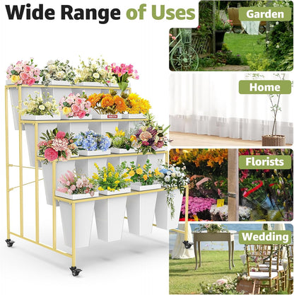 4 Layers Flower Display Stand with Buckets, 16 PCS Buckets Plant Stand with Wheels, Movable Metal