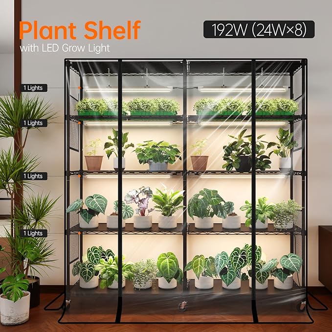 Bstrip Indoor Greenhouse with Grow Light, Large Plant Shelf with 8 Pack T8 Full Spectrum Plant