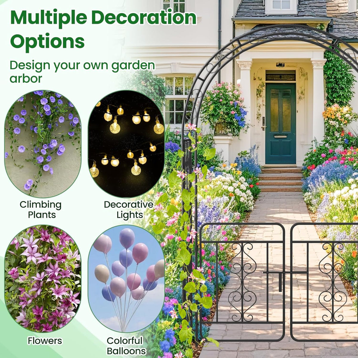 Moccha Garden Arch, 84" Arbor Trellis with Lockable Gate for Climbing Plants, Roses, Vines, Outdoor