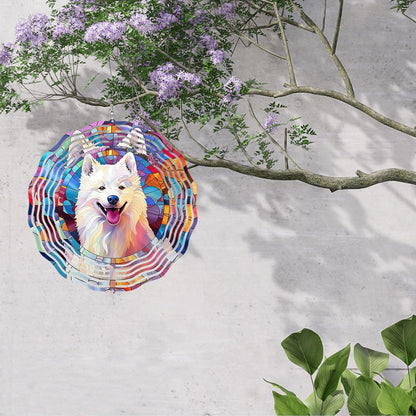 Samoyed Wind Spinner Pet Dog Memorial Gifts 3D Aluminum Metal Kinetic Hanging Wind Sculpture