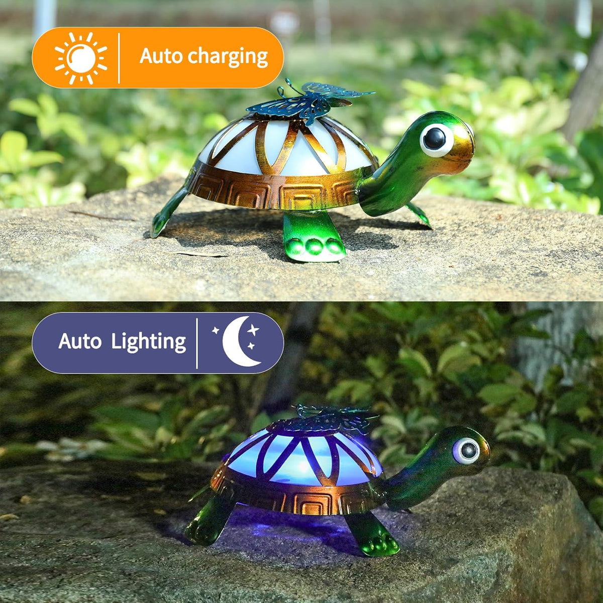Solar Garden Outdoor Statues with Butterfly, Metal Garden Turtle Statue Solar Lights Outdoor