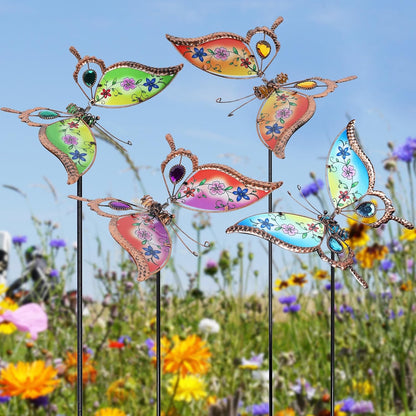 Juegoal Set of 4 Butterfly Garden Stake Decor, 32" Metal Colorful Butterflies Stakes, Yard Art