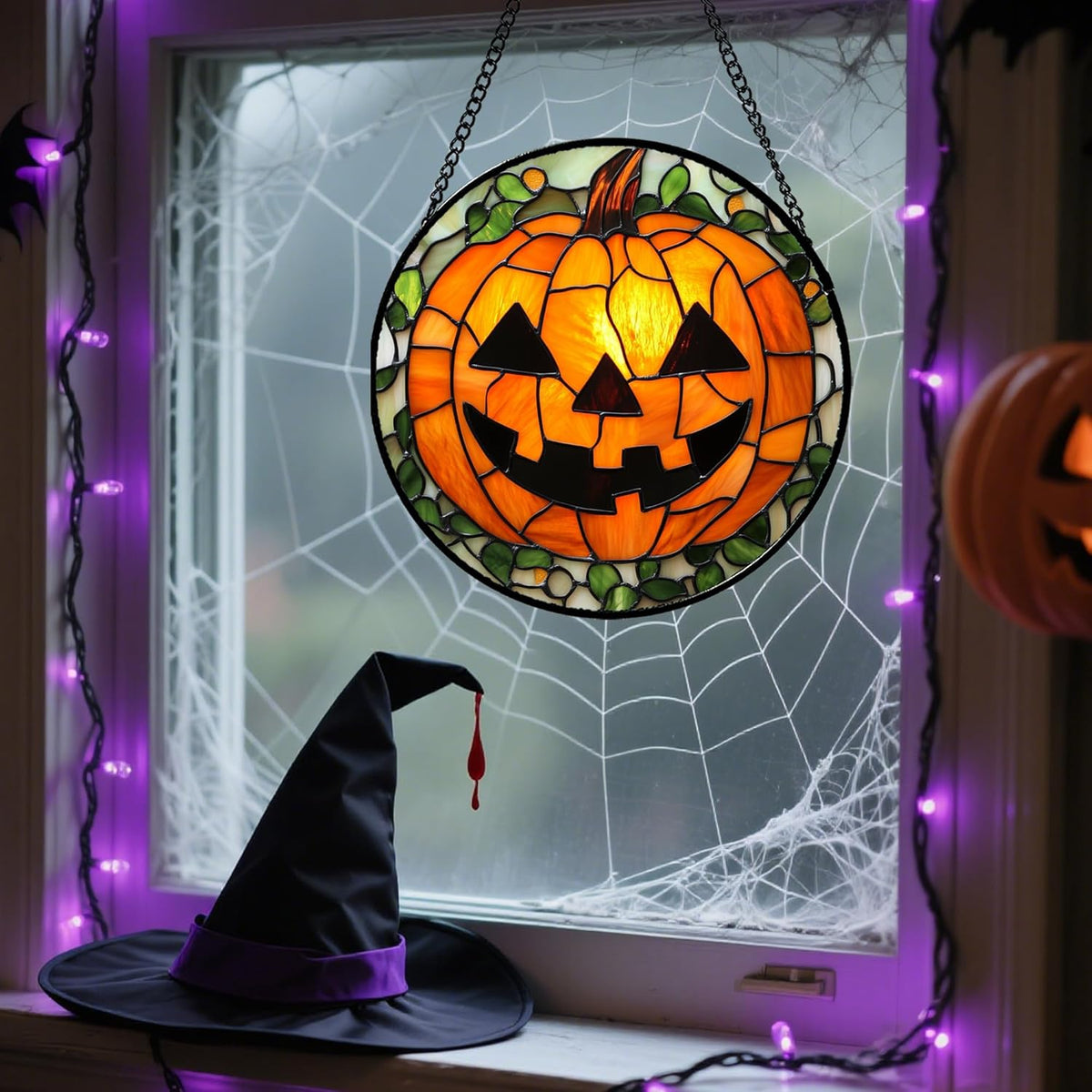 Stained Glass Window Hanging, Halloween Decorations Evil Pumpkin Suncatcher for Doors Garden Indoor