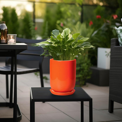 Ceramic Planter - 8 Inch Plant Pot with Drainage Hole and Saucer, Cylinder Round Modern Flower Pot