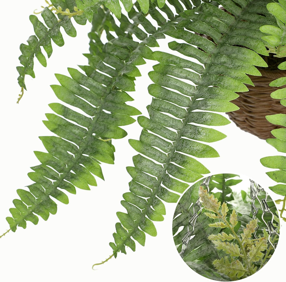Hollyone 33" Artificial Boston Fern Hanging Basket Large 39 Leaves Fake Ferns in Rattan Pot