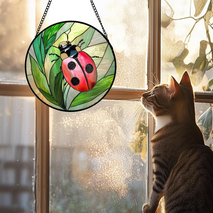 Stained Glass Window Hanging 4 Pcs Set Pink Green Insect Theme 9.8" - Butterfly Suncatcher Door