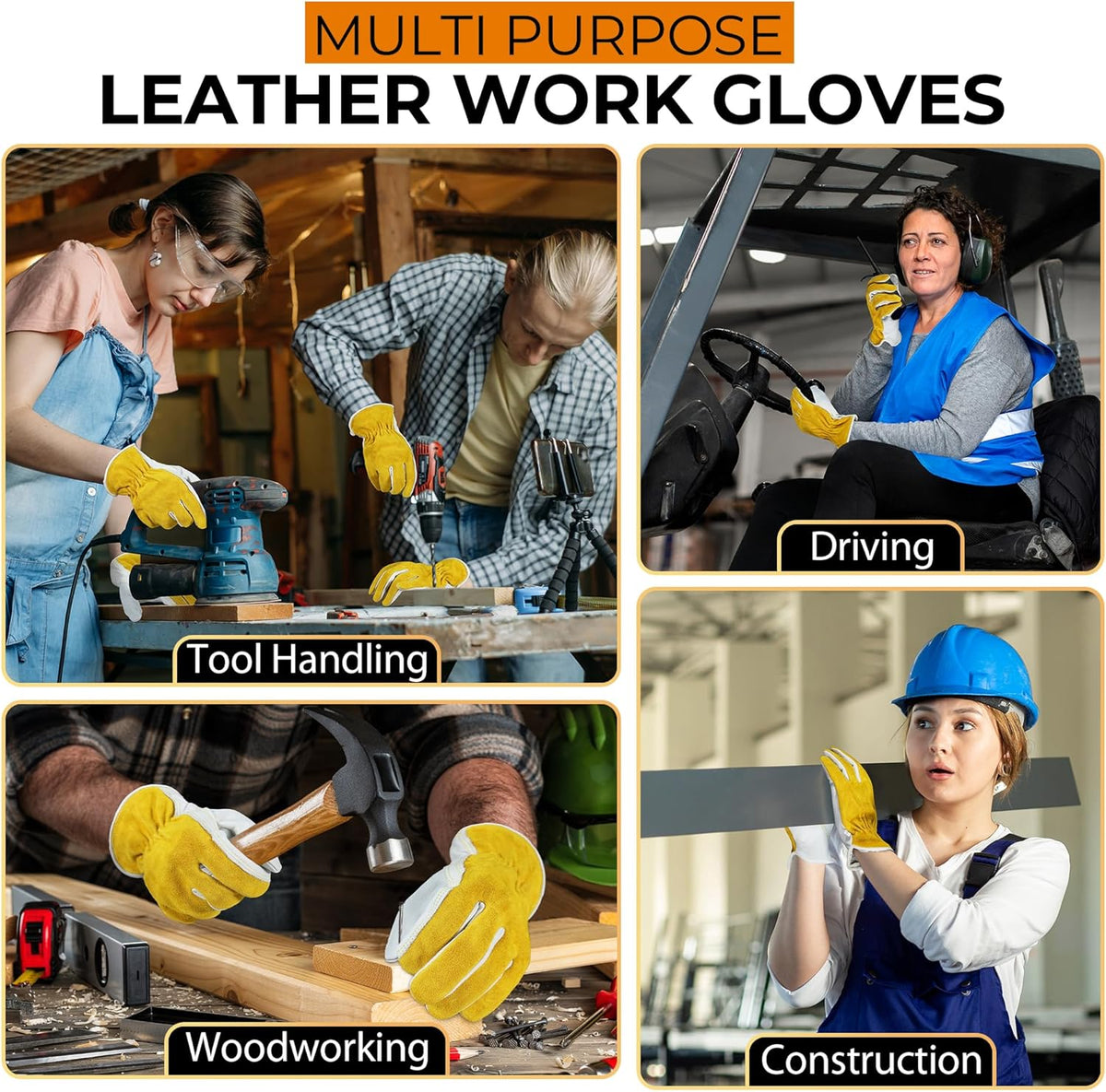 HANDLANDY Men Leather Gardening Gloves, Utility Work Gloves for Mechanics, Construction, Driver