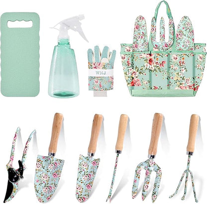 WNJ Gardening Tool Set, 10 PCS Heavy Duty Floral Pattern Garden Tools Set Kit, Complete Gardening
