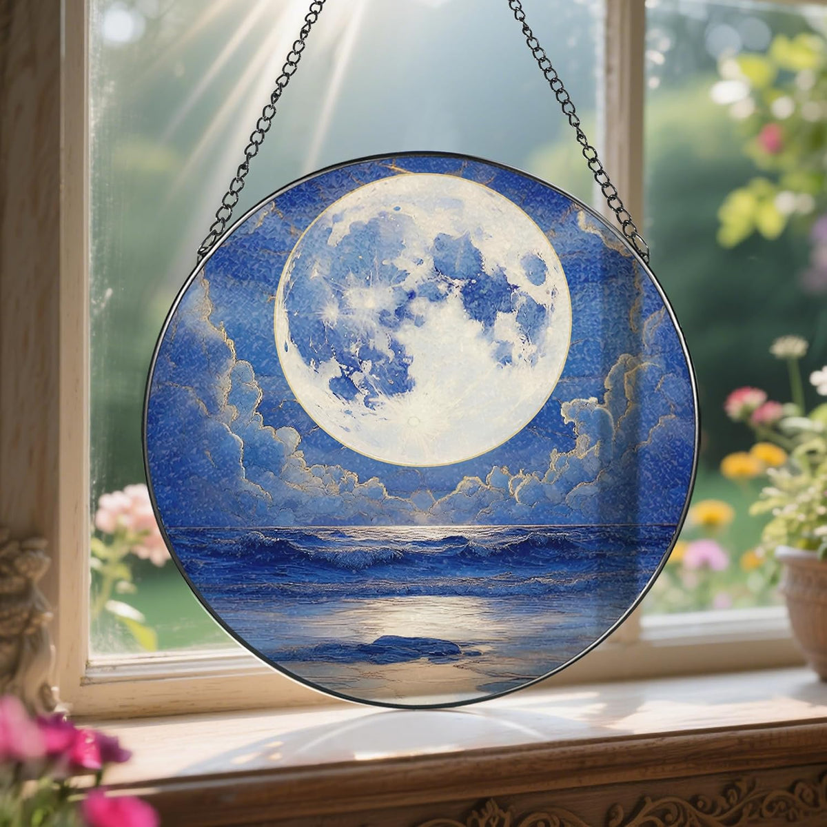 8'' Full Moon Over Ocean Sun Catcher Ornament, Stained Glass Window Hanging, Suncatchers for