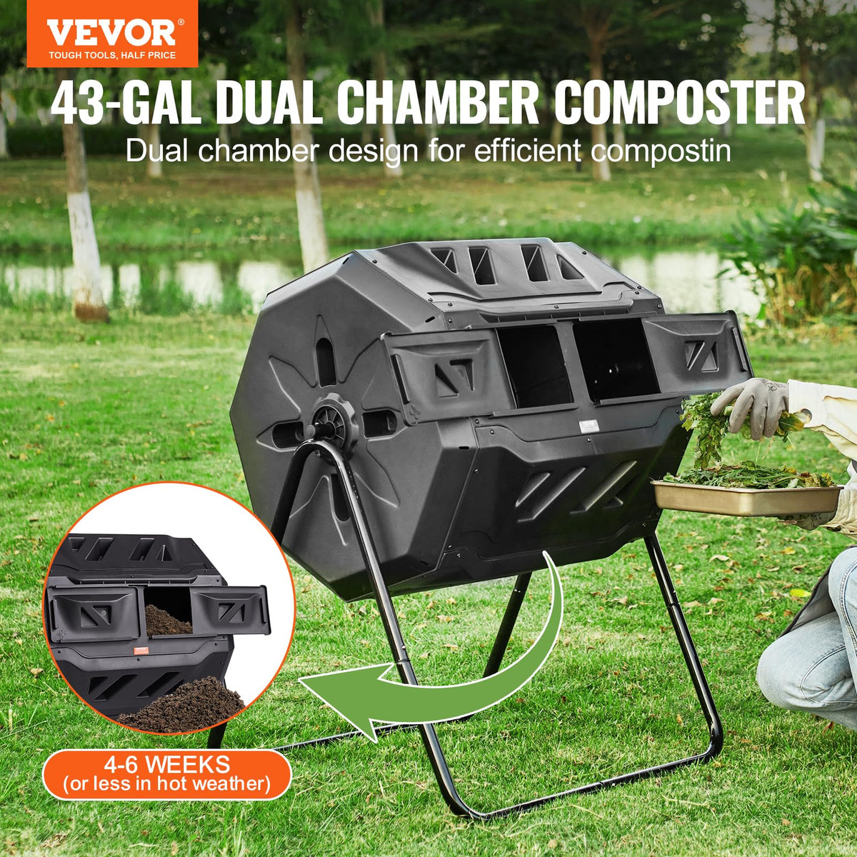 VEVOR Compost Bin, 43-Gal Dual Chamber Composting Tumbler, Large Tumbling Rotating Composter with 2
