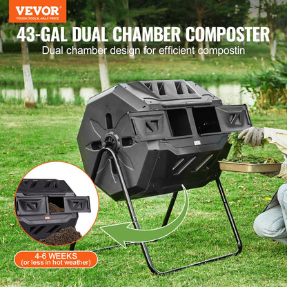 VEVOR Compost Bin, 43-Gal Dual Chamber Composting Tumbler, Large Tumbling Rotating Composter with 2