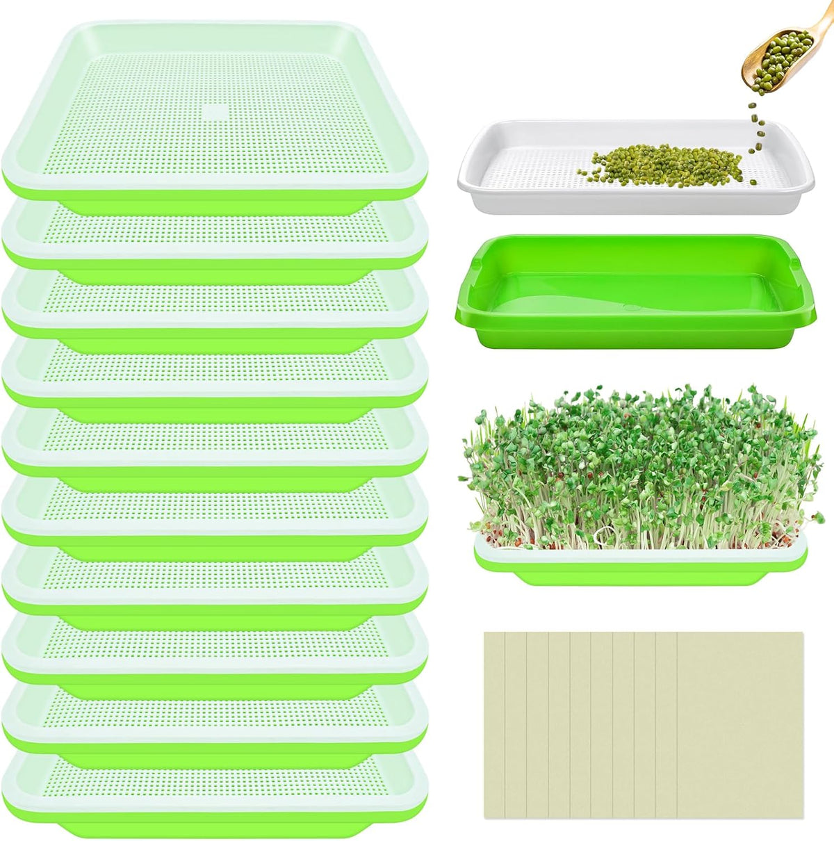 Legigo 10 Pack Green Seed Sprouter Trays- Soil-Free Cultivation Germination Tray, BPA Free Nursery