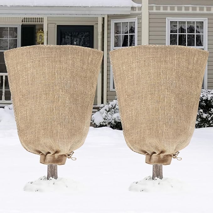 Riare 2 Packs 32 × 40 Inch Burlap Winter Plant Cover Bags with Drawstring- Reusable Large Burlap
