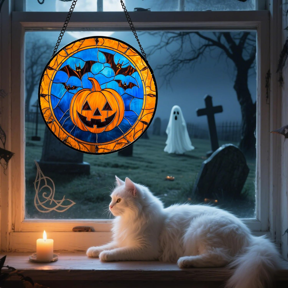 Stained Glass Window Hanging - Halloween Evil Pumpkin Suncatcher for Doors Window Garden Indoor