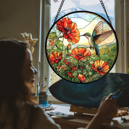 Stained Glass Window Hanging, Hummingbirds Orange Flowers Suncatcher Diamond Glass Panel Hangings