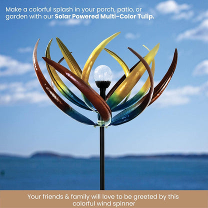 Bits and Pieces - 74" Multi-Color Tulip Wind Spinner - Yard Decorations - Solar Powered Glass Ball