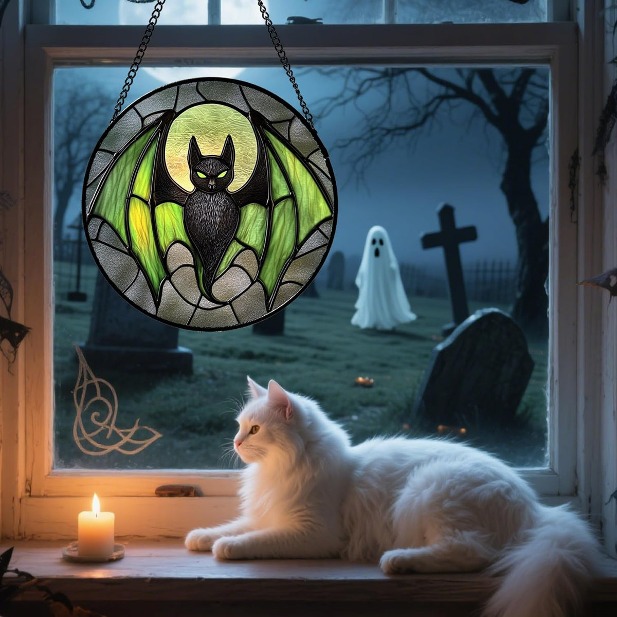 Stained Glass Window Hanging - Halloween Black Bat Green Wings Monster Suncatcher for Doors Garden