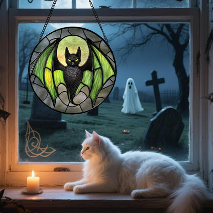Stained Glass Window Hanging - Halloween Black Bat Green Wings Monster Suncatcher for Doors Garden