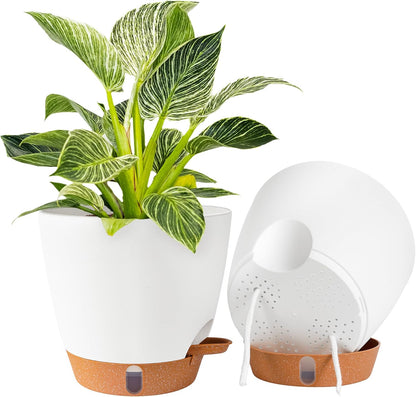 2 Pack 8 Inch Pots for Plants Indoor, Plastic Self Watering Planters with Drainage Holes, Water