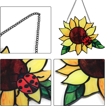 Stained Glass Suncatcher, Sunflower and Ladybug Window Hanging, Hand-Painted (Style 4)