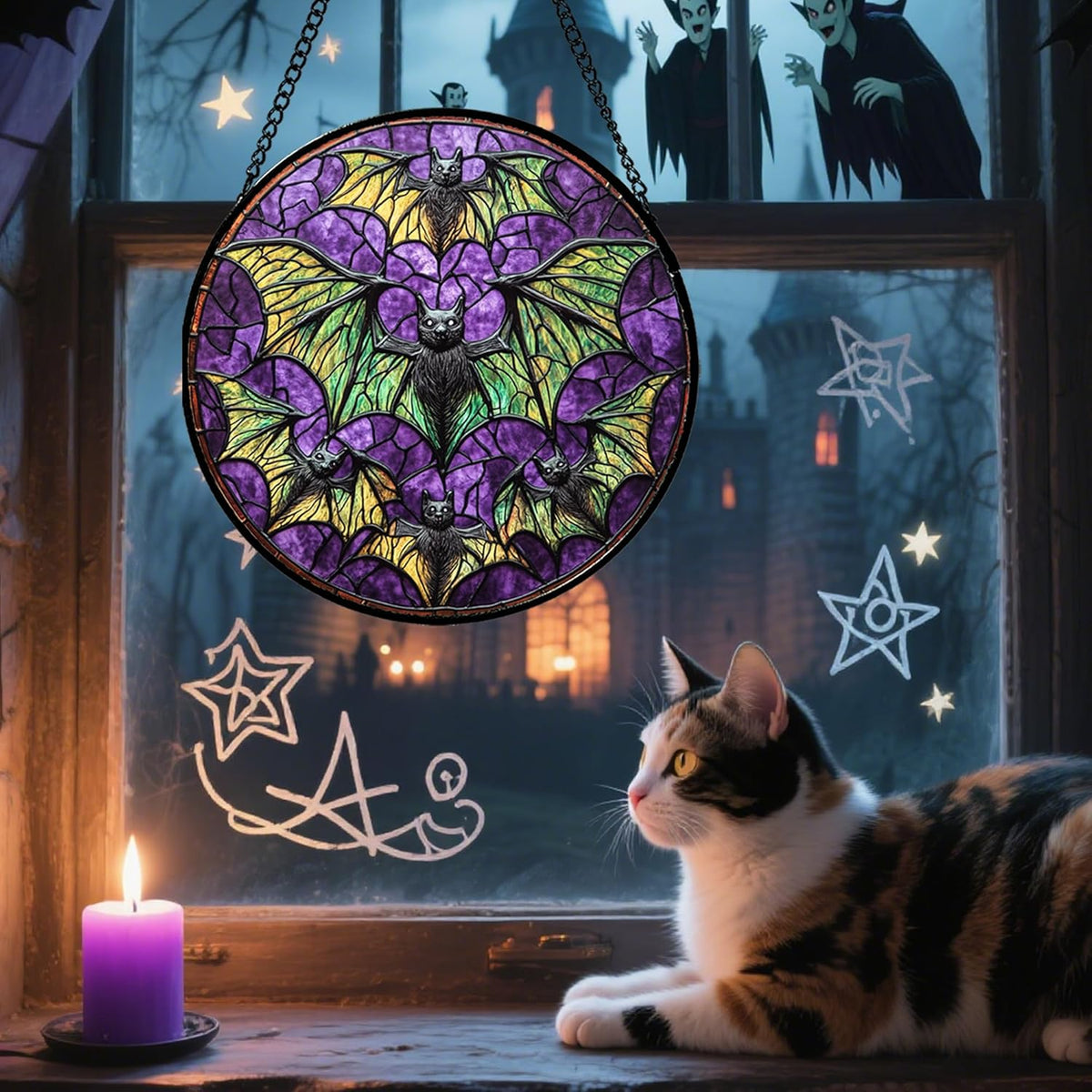 Stained Glass Window Hanging - Halloween Decorations Bats Suncatcher for Doors Garden Indoor Spooky
