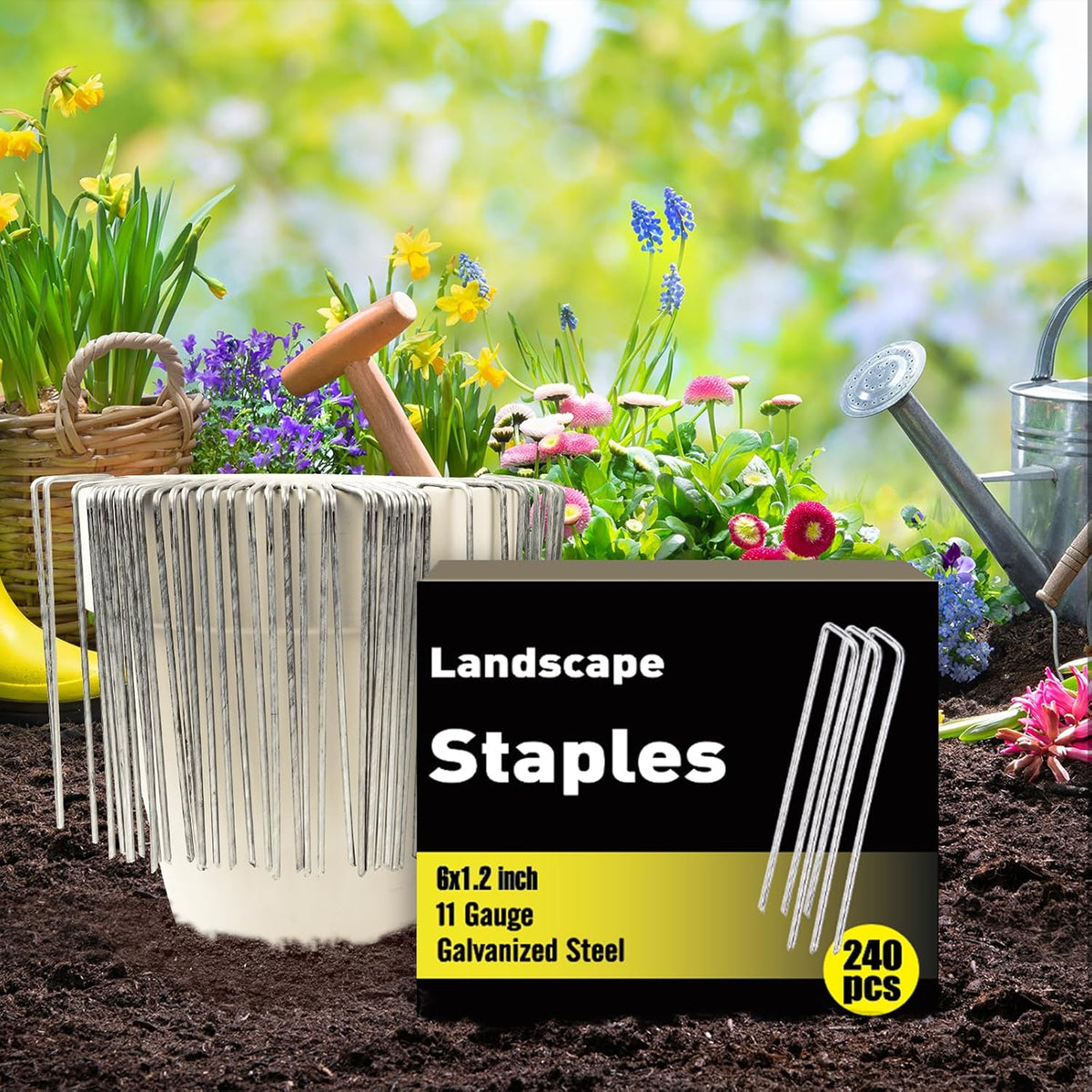 HongWay 240 Pack 6 Inch Landscape Staples, Garden Stakes Galvanized Tent Stakes Heavy Duty 11 Gauge