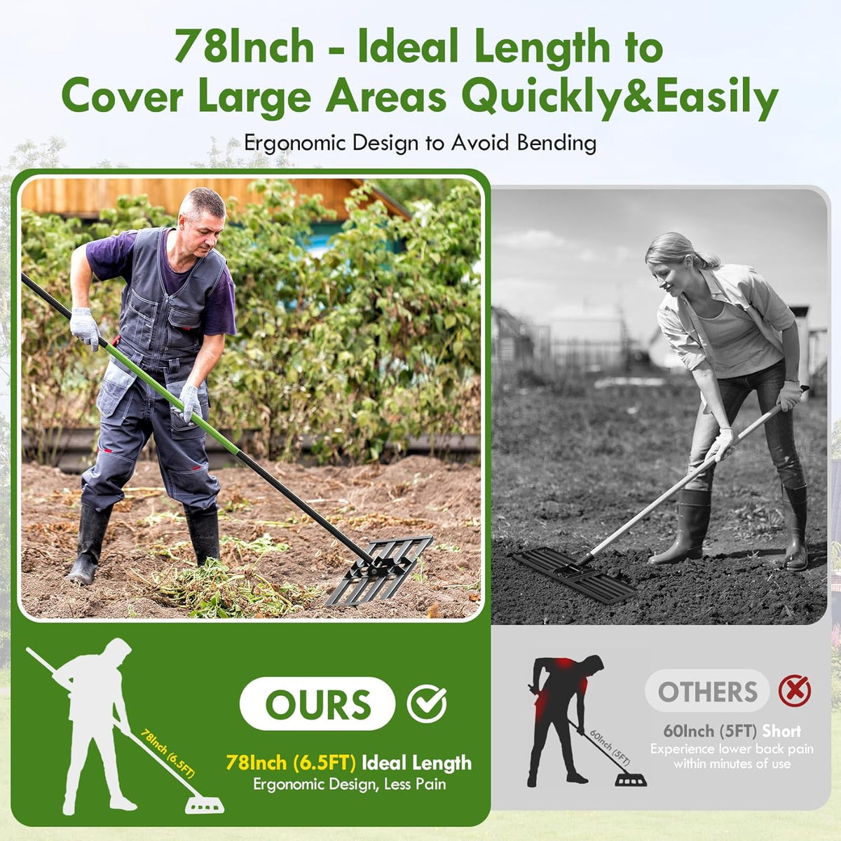 Seeutek Lawn Leveling Rake, 35” x 10” Lawn Leveler with 6.5FT Stainless Steel Handle Rakes for