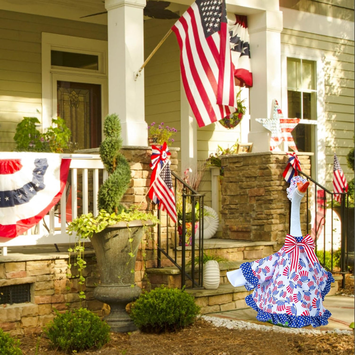 4th of July Goose Outfit Independence Day Clothes for Porch Goose 23" Cement Statue - Outdoor Patio