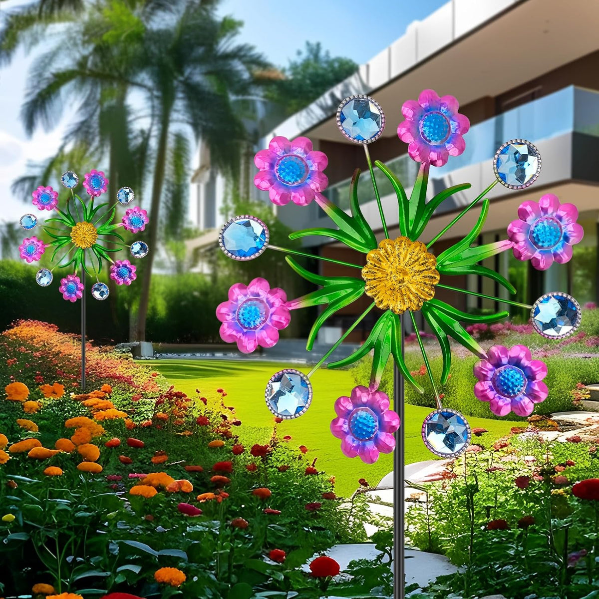 Purple Flowers Outdoor Wind Spinner, 36" Metal Wind Sculpture with Stake, Wind Spinners for Yard